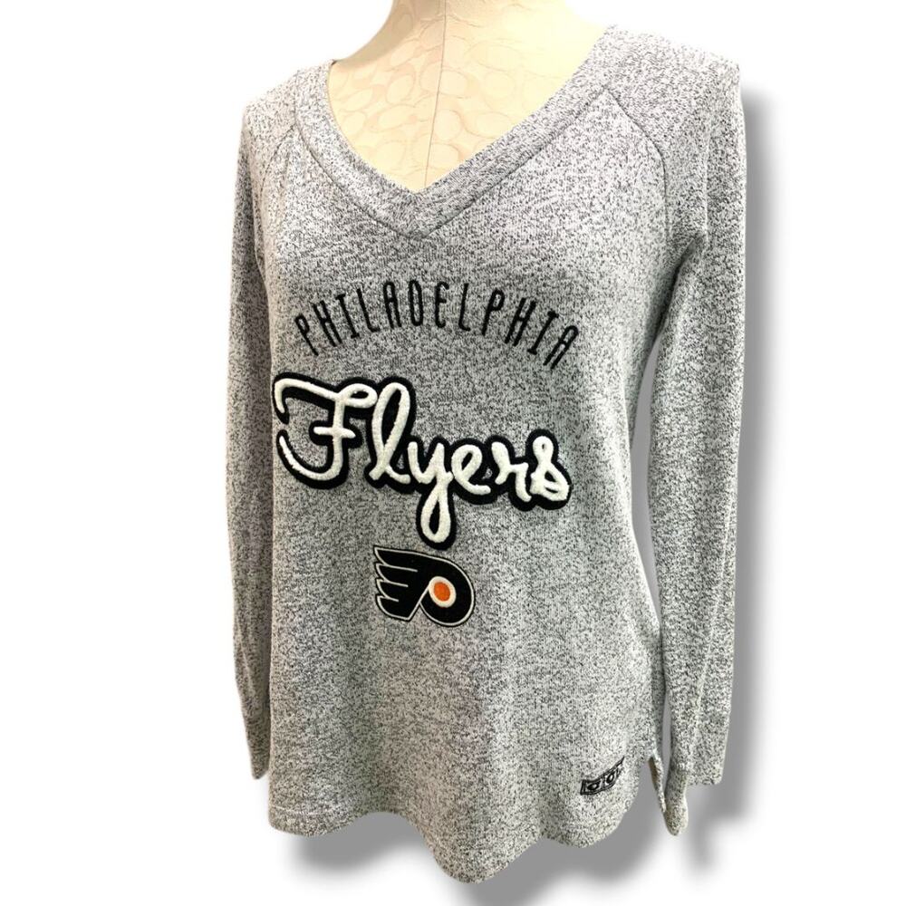 Medium CCM Womens NHL Philadelphia Flyers V-Neck Sweater Gray Marled Knit